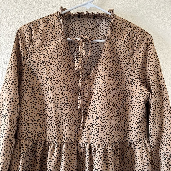 Light Brown Black Polkadot Long Sleeve Dress Fits Women S-M - Picture 4 of 8